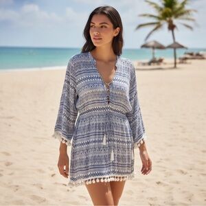 blue island Blue & White Pom-Pom Beach Tunic Coverup